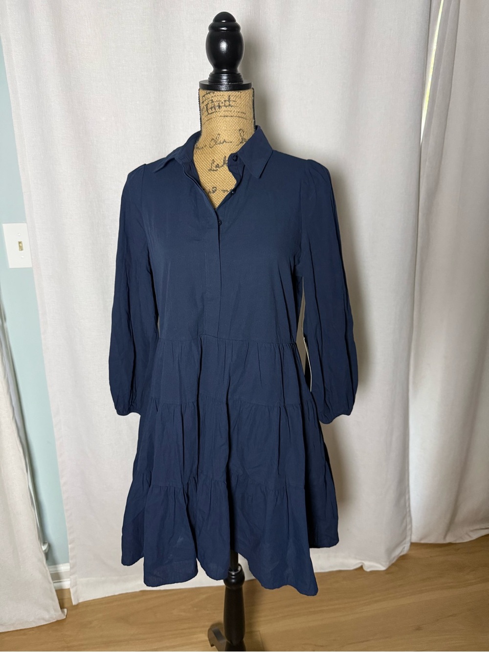 Pomander Place Navy Tiered Long-Sleeve Shirt Dress
